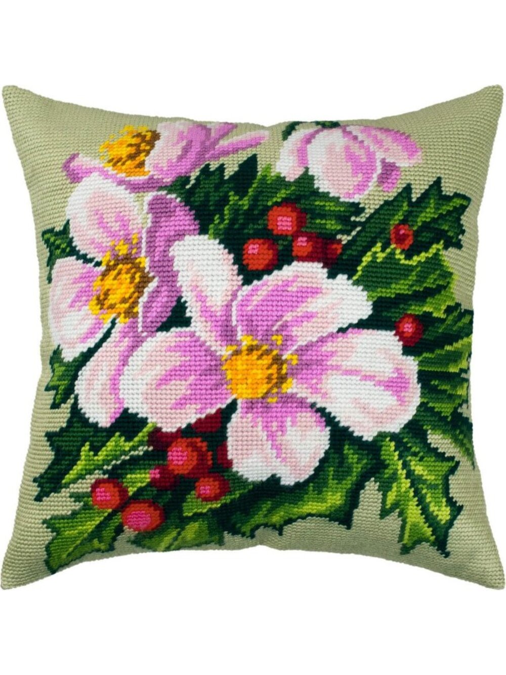 Christmas Floral Needlepoint Kit - 16x16 Throw Pillow, Printed Tapestry Canvas